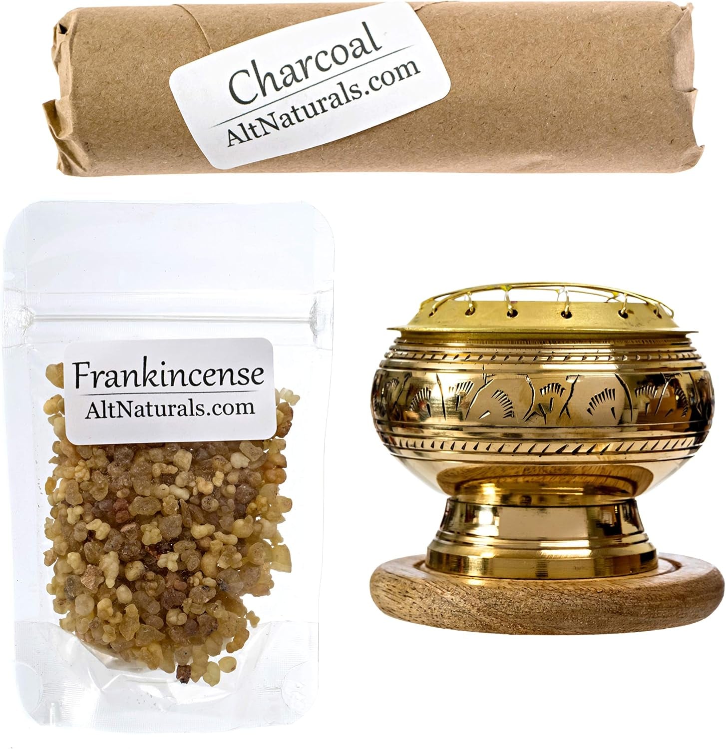 Premium Bundle of Hand Carved Brass Incense Holder with Frankincense Resin. Comes with 10 Charcoal