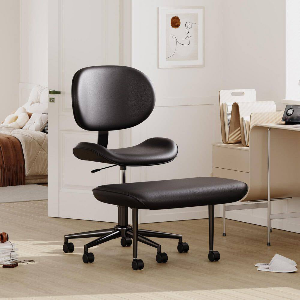Faux Leather Ergonomic Cross-Legged Office Chair ADHD Meditation Chair with Wheels and Height Adjustable, Black