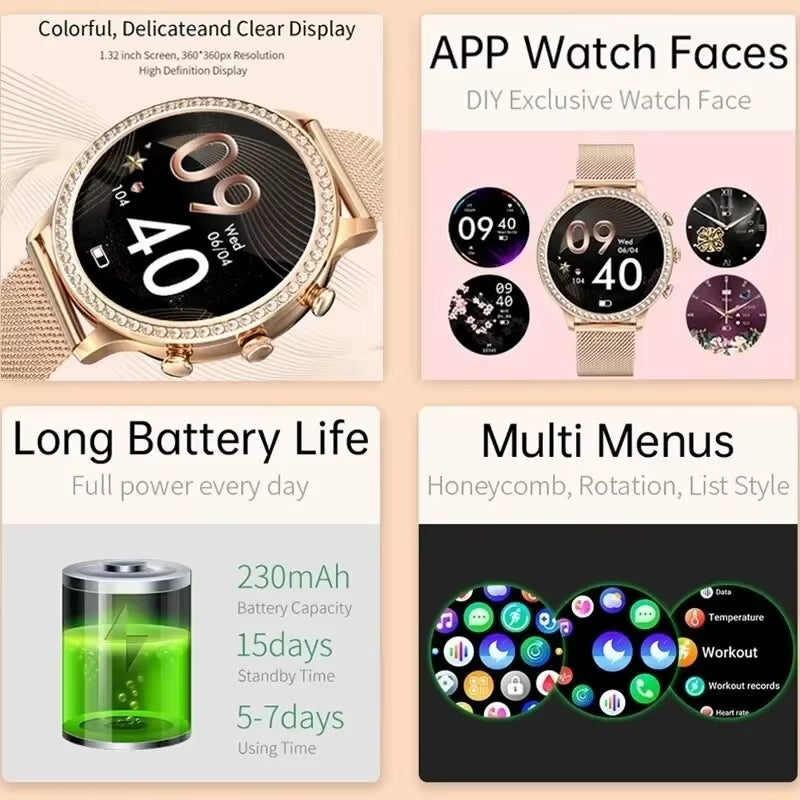 Smart Watch for Lady 1.28'' Bluetooth Call Blood Pressure DIY Custom Dial Sport Fitness Bracelet Waterproof Men Smartwatch Women