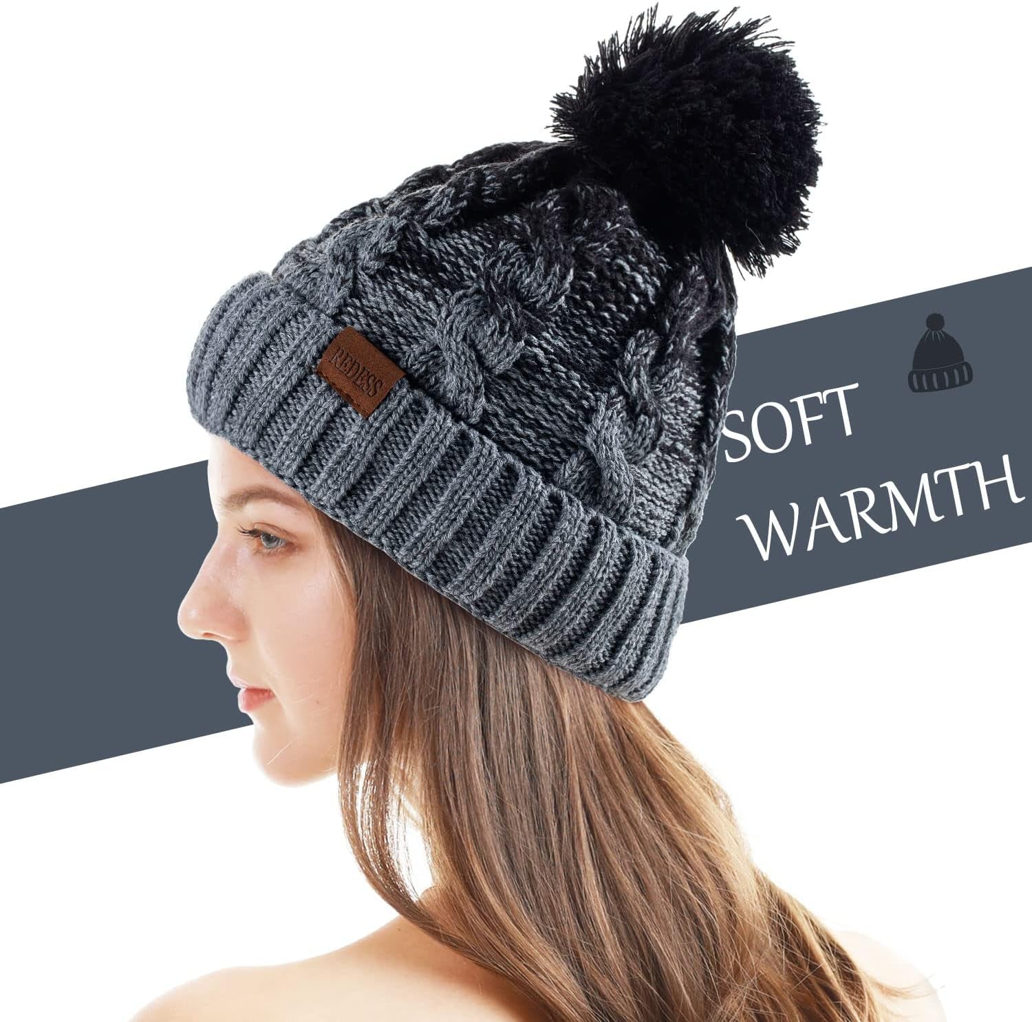 Women Winter Pompom Beanie Hat with Warm Fleece Lined, Thick Slouchy Snow Knit Skull Ski Cap