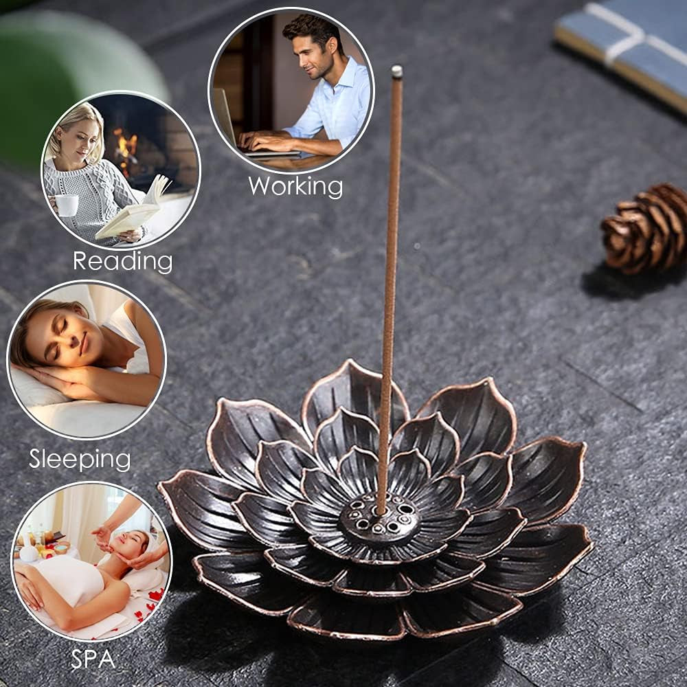 3 in 1 Lotus Incense Holder, Zinc Alloy Sticks Incense Burner Detachable Ash Catcher, 6 Holes Hold Stick/Coil/Cone Incense for Yoga, Home Fragrance Decoration, Brass