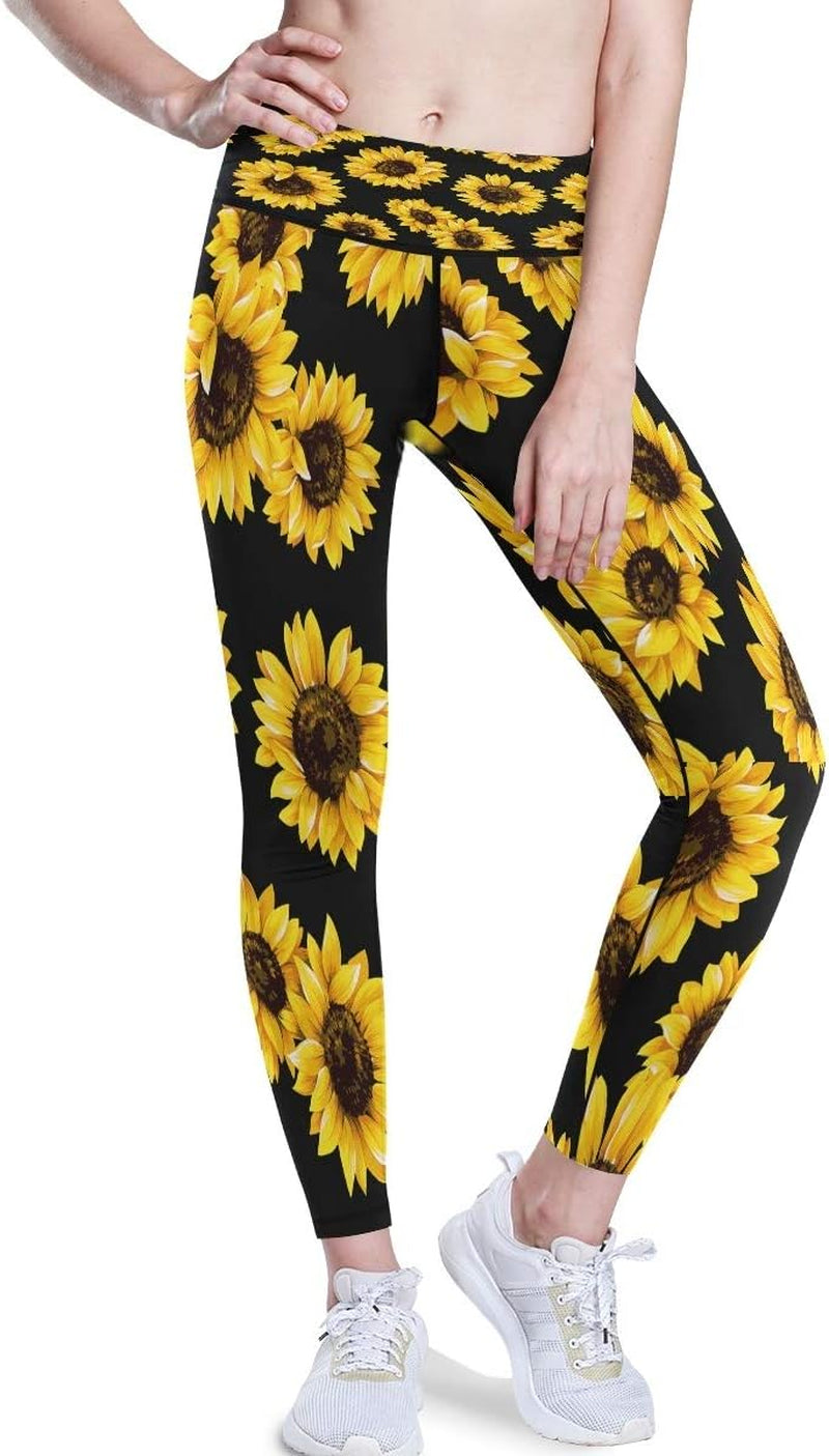Sunflower Women Yoga Pants Leggings, Yellow Daisy High Waisted Yoga Pants Comfortable Workout Yoga Leggings