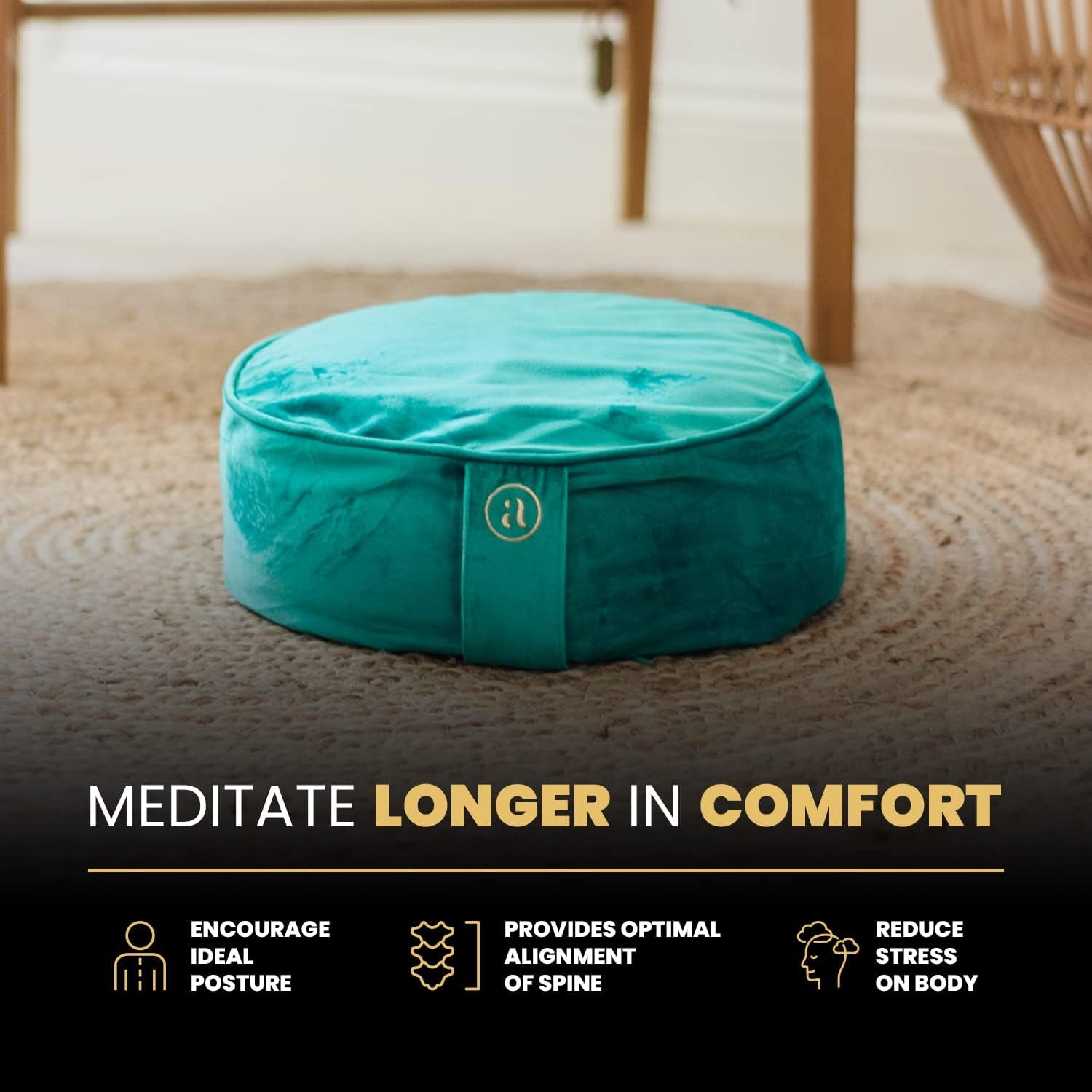 Buckwheat Meditation Cushion round Zafu Yoga Pillow - Zafu Meditation Cushion Velvet with Zippered Organic Cotton Liner to Add or Remove Hulls | Machine Washable - Free Carry Bag (Emerald)