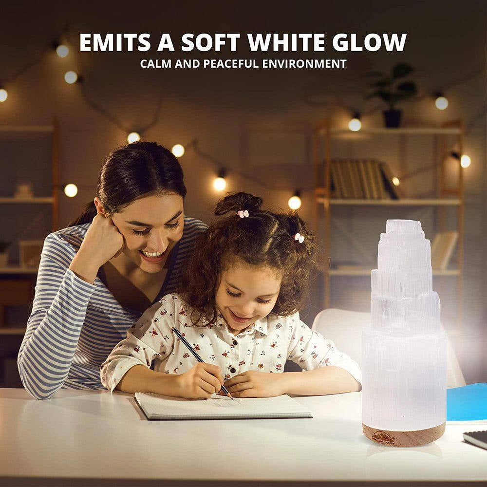 7.5 In. Natural Selenite Crystal Lamp with Wooden Base and USB Port (5-7 Lbs.)