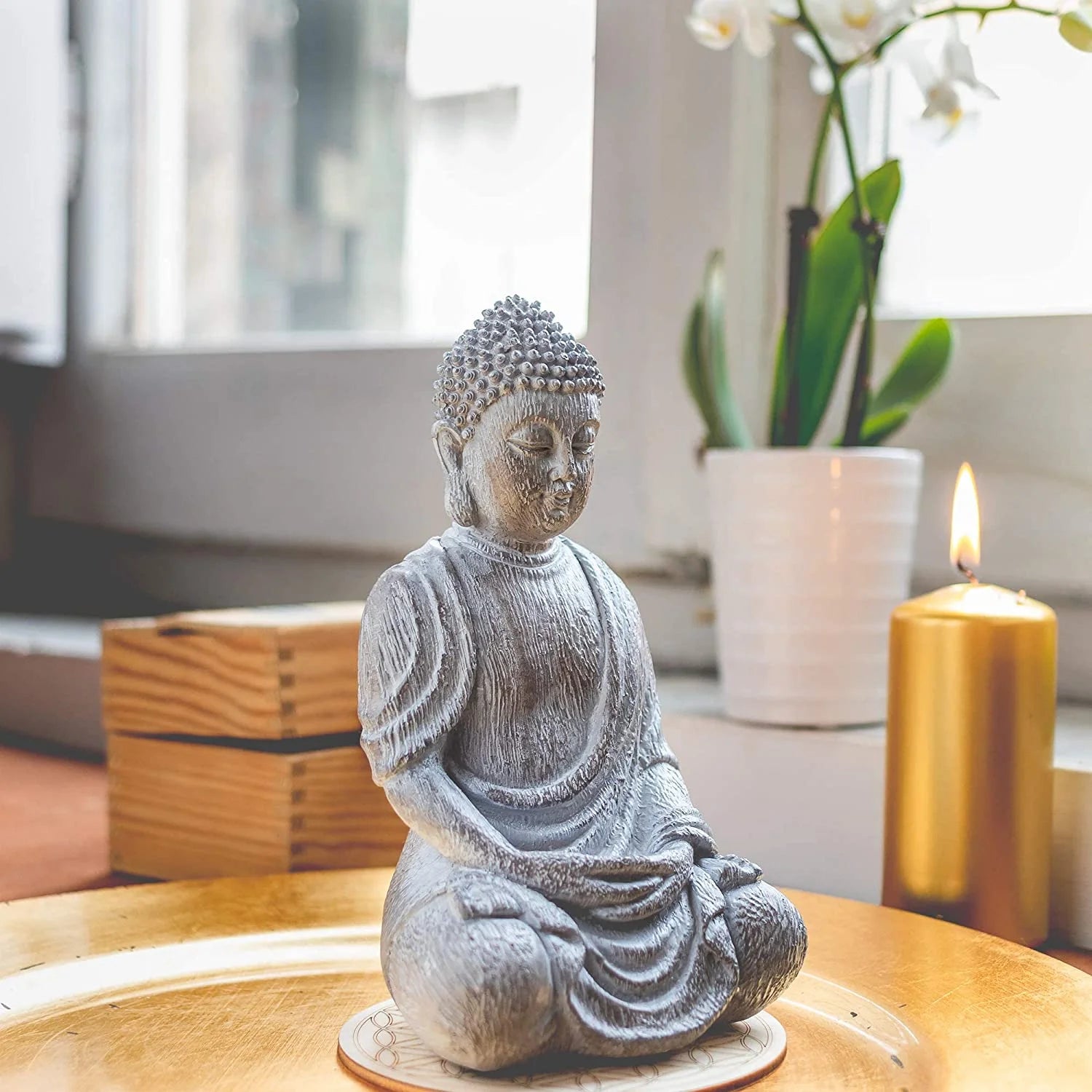 Lord Buddha Statue Mini — Great Spiritual Gift Idea — 6.7 Inch Durable Resin Buddha Decor Statue with Wooden round Base — Mini Buddha Statue for Home Decor