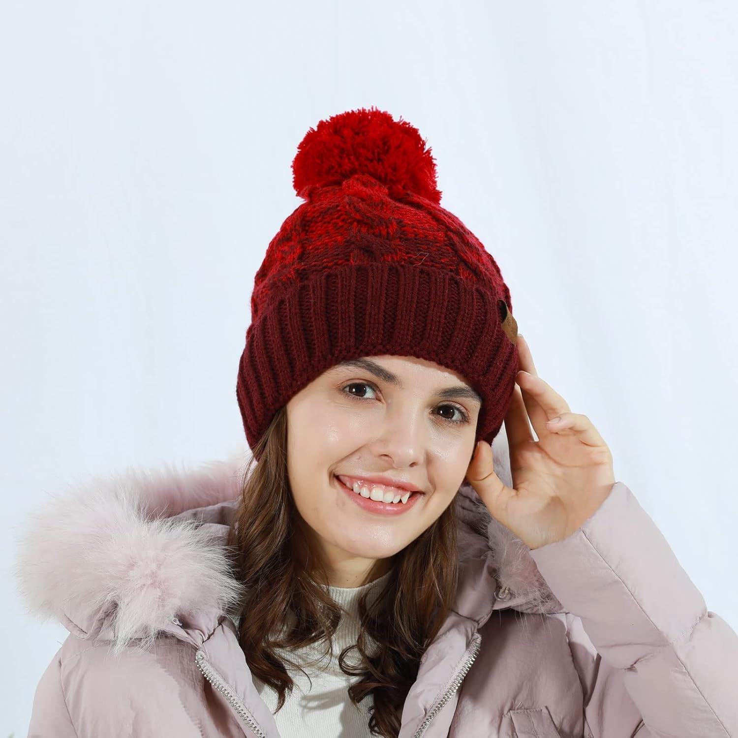 Women Winter Pompom Beanie Hat with Warm Fleece Lined, Thick Slouchy Snow Knit Skull Ski Cap