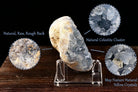 Celestite Crystals Heart Blue Geode Celestite Cluster Natural Celestite Stone Large Healing Crystal for Home Decor, Gifts with Plastic Stand 3.2"-3.6"