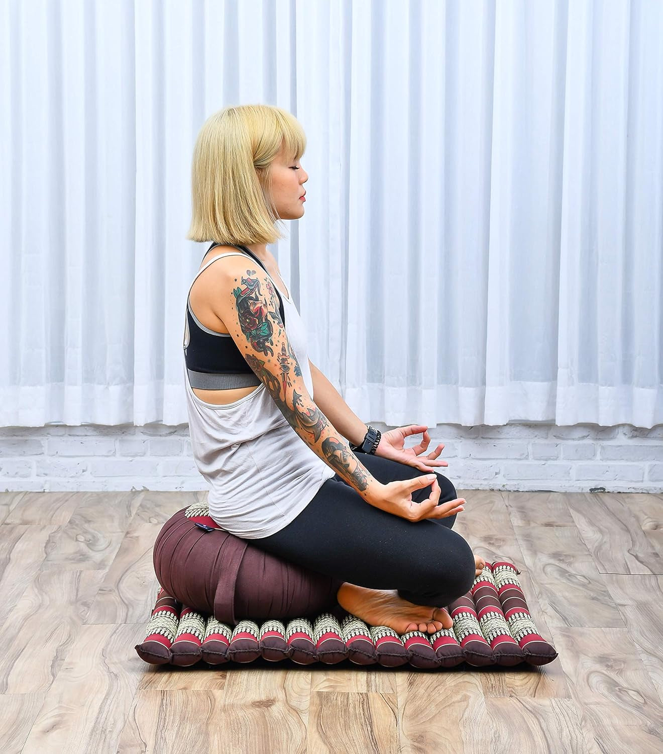 Meditation Cushion Set – 1 round Zafu Meditation Pillow and 1 Square Roll-Up Zabuton Meditation Mat, Pillows Bundle Filled with Kapok