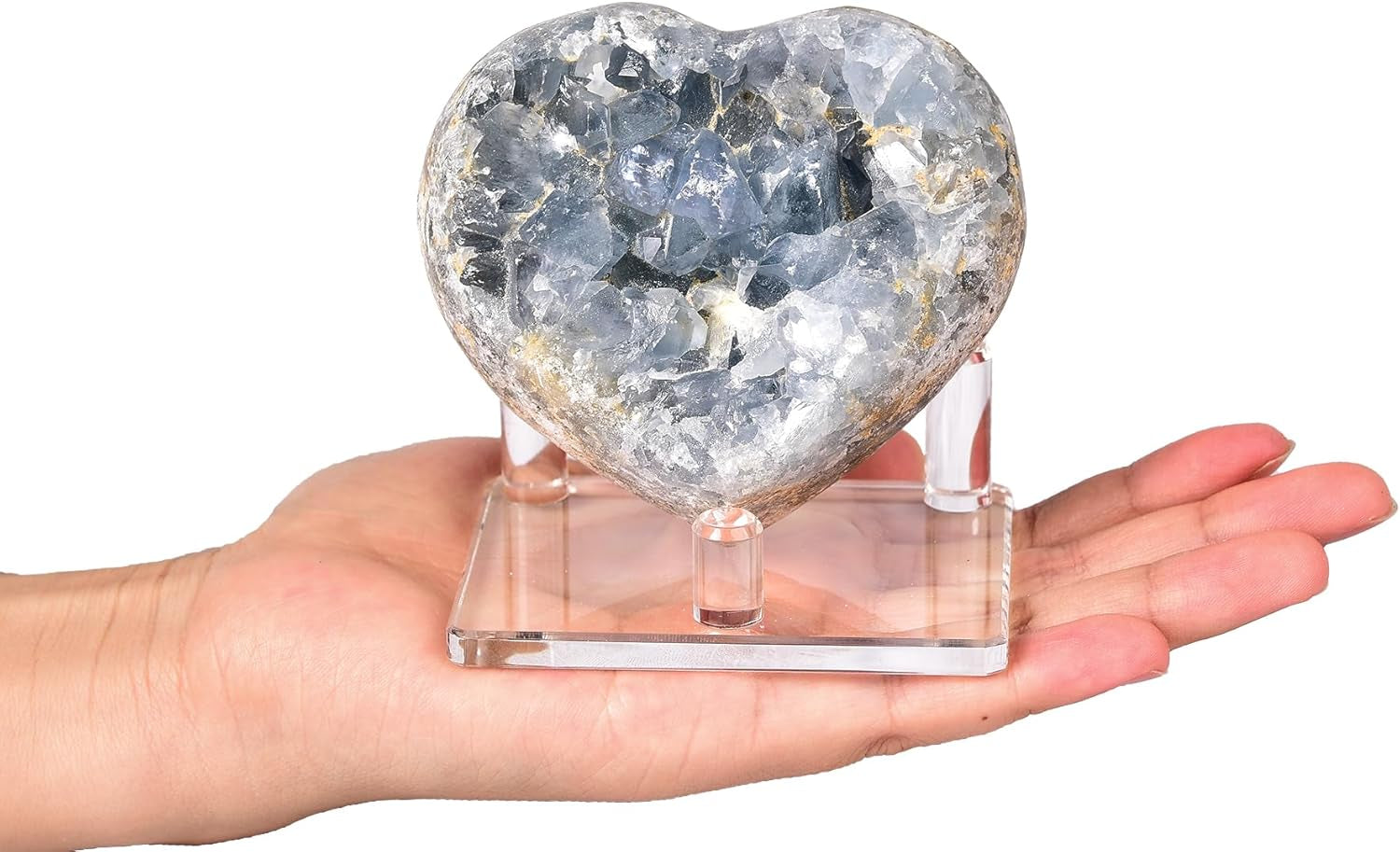 Celestite Crystals Heart Blue Geode Celestite Cluster Natural Celestite Stone Large Healing Crystal for Home Decor, Gifts with Plastic Stand 3.2"-3.6"