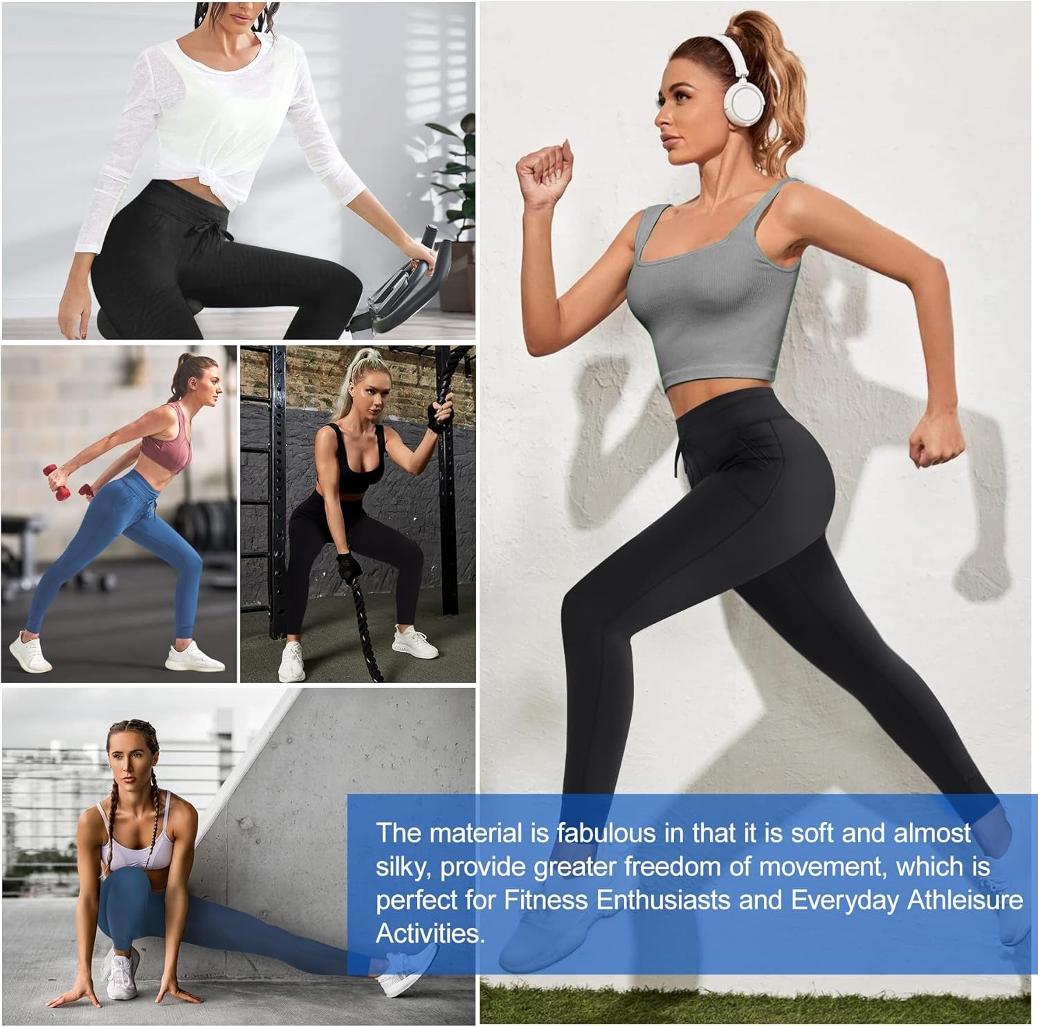 High Waisted Yoga Leggings for Women Double Tummy Control Workout Yoga Pants with Pockets Drawstring Jogger Pants Black
