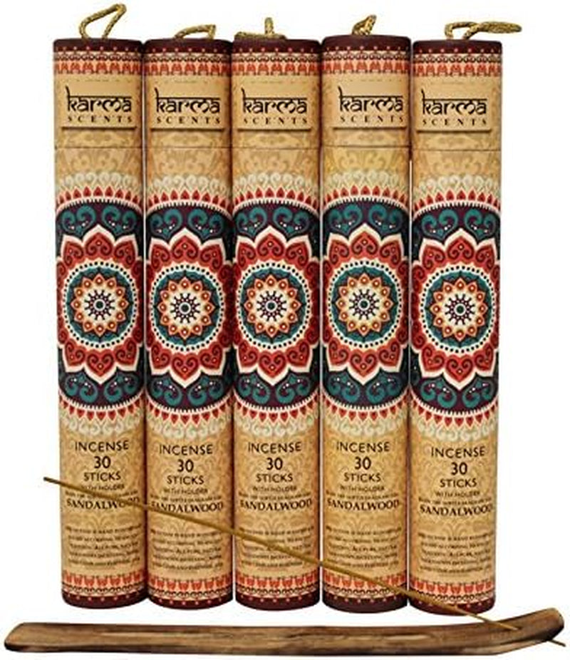 Premium Sandalwood Incense Sticks, 5 Set Gift Pack with a Free Holder in Each Box. Includes 150 Sticks and Five Incense Burners | Perfect for Home Decor and Gifts.