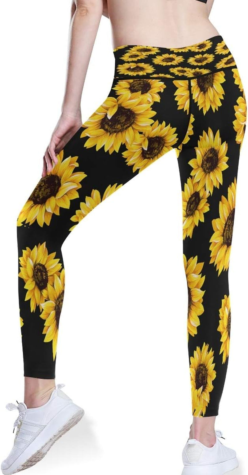 Sunflower Women Yoga Pants Leggings, Yellow Daisy High Waisted Yoga Pants Comfortable Workout Yoga Leggings