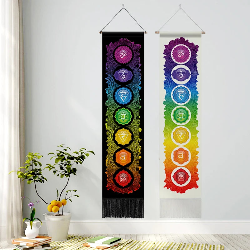 Seven Chakra Tapestry ,Hippie Mandala Chakras Wall Hanging , Yoga Meditation Tapestries for Spiritual Room Decor , 12.8"X 51.2"