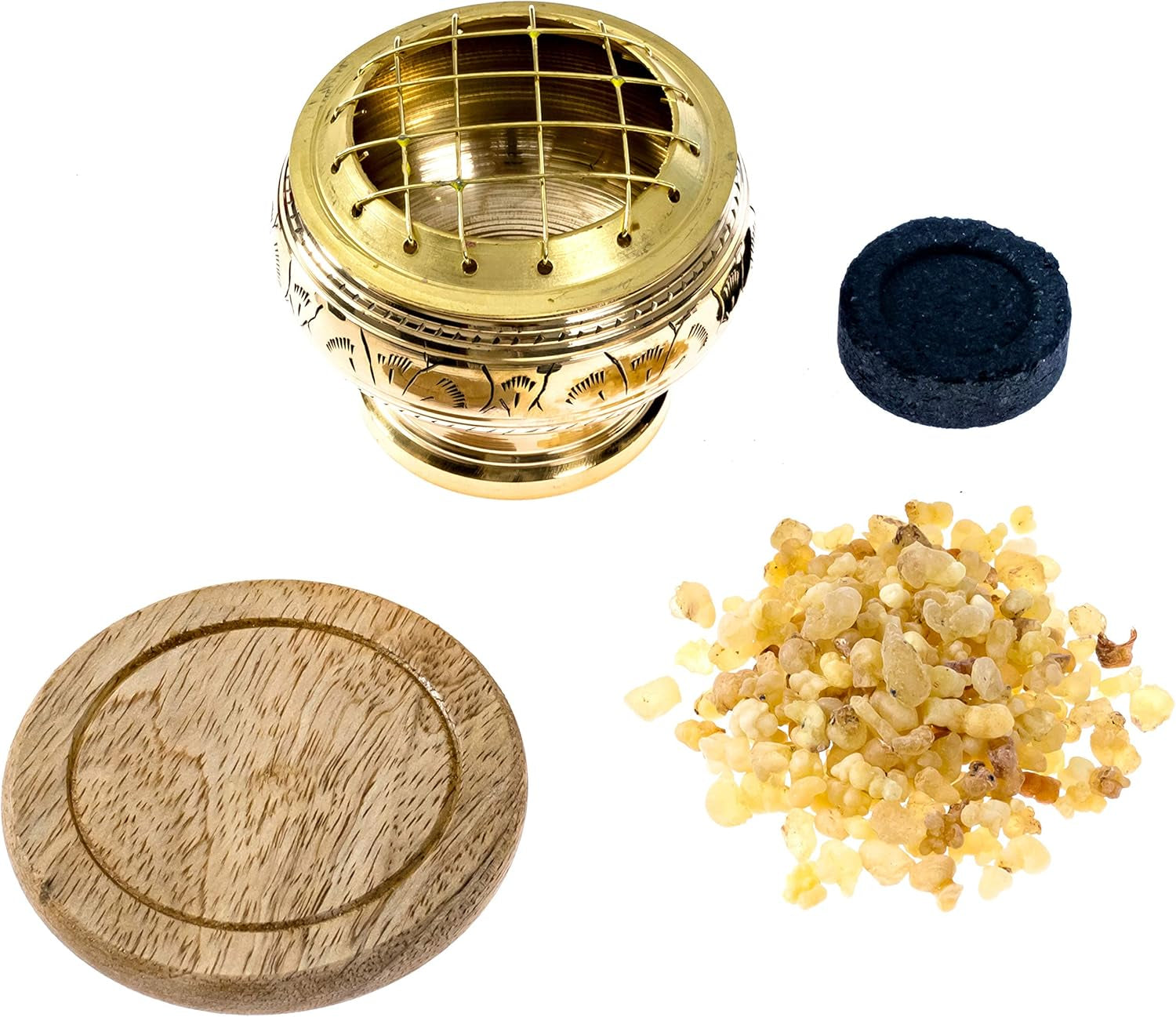 Premium Bundle of Hand Carved Brass Incense Holder with Frankincense Resin. Comes with 10 Charcoal