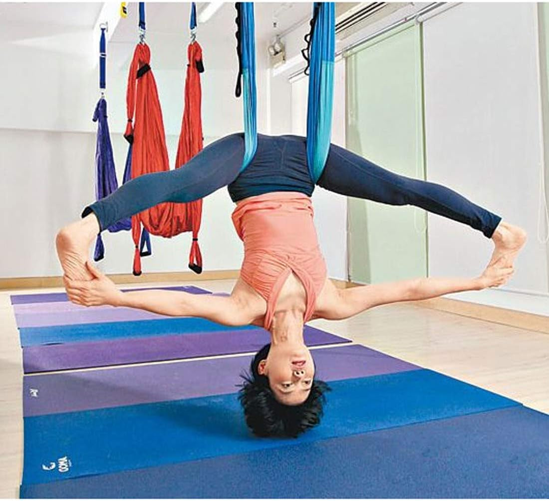 Anti-Gravity Aerial Yoga Hammock Swing – Six Handles Sling Pilates Set Kit Include Steel Carabiners Extension Straps No Ceiling Hanging Mount for Home & Gym Fitness