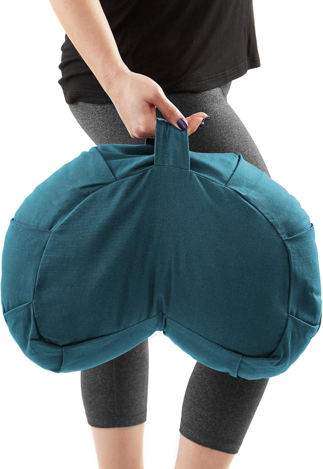 Zafu Meditation Cushion with Buckwheat Hulls, 17" Crescent Yoga Bolster Pillow with Organic Cotton Cover - Teal