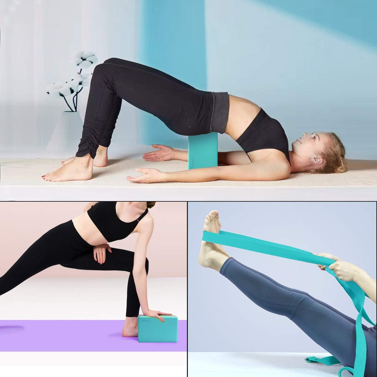 Yoga Block 2 Pack with Yoga Strap, High Density EVA Foam Block, Non-Slip Surface for Yoga, General Fitness, Pilates, Stretching-9" X 6" X 4"
