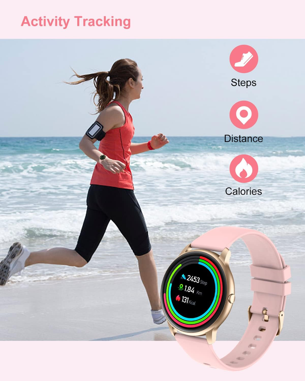 Women Smart Watch Compatible with Iphone and Android Phones IP68 Waterproof, round Watch for Women Smartwatch Fitness Tracker Heart Rate Monitor Digital Watch with Personalized Watch Faces (Pink)