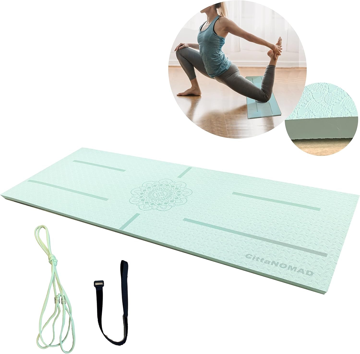 Yoga Knee Pad Cushion, Extra Thick (0.6Inch/15Mm), Extra Wide (26Inch/65Mm), W/Carry Strap, TPE Yoga Accessories for Women and Men, for Knee and Elbow Cushion in Yoga/Plank/Floor Exercises