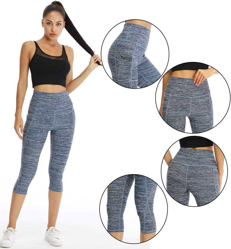 Women'S High Waist Biker Shorts Running Gym Compression Spandex Shorts Side Pockets Yoga Capri Leggings