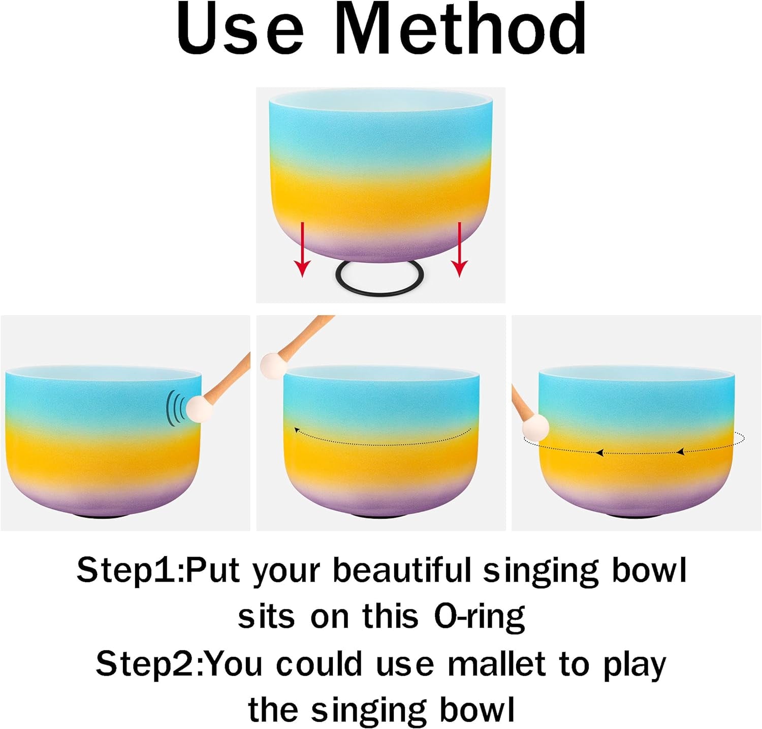 Crystal Singing Bowl Kit, 440Hz 10 Inch G Note Quartz Chakra Singing Bowl Rainbow Blue Sound Bowl with Free O-Ring & Mallet for Sound Healing Meditation Yoga