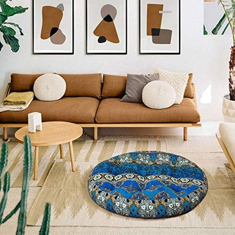 Boho Floor Pillow, Bohemian Patchwork Style Meditation Pillow round Seat Cushion Yoga Cushion India Seating Pad for Living Room Bedroom Balcony Garden, 22 Inch, Blue