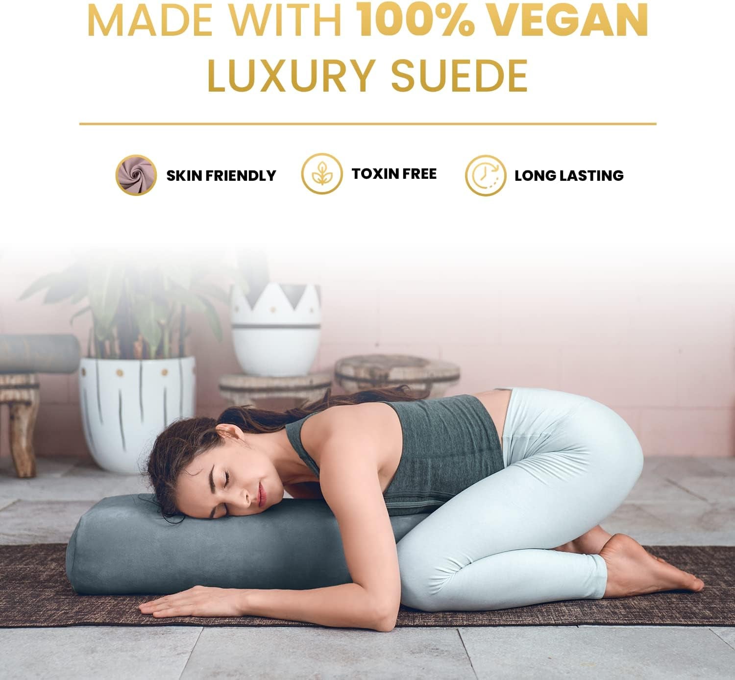 Luxurious Organic Vegan Suede Yoga Bolster Pillow - Rectangular with Carry Handle - Machine Washable Cover