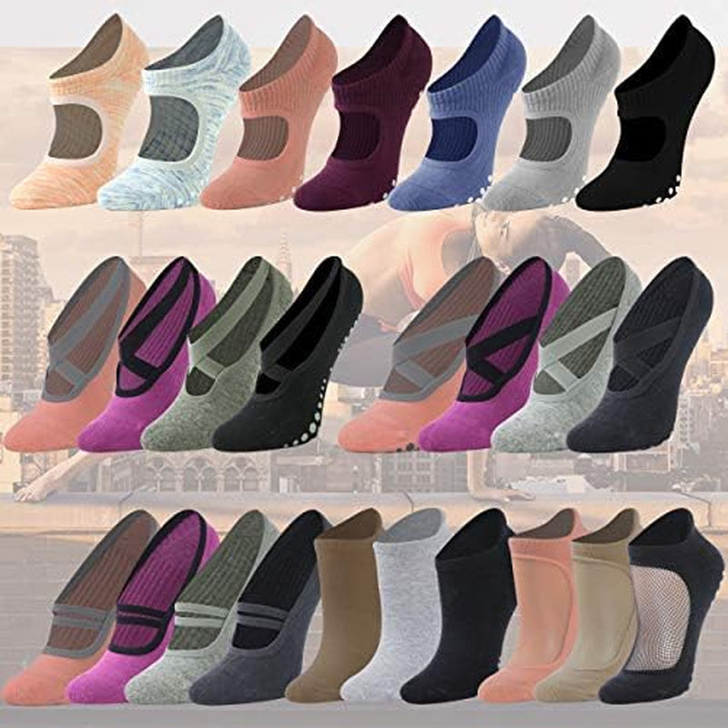 Unisex Full-Toe Floor Grip Back Yoga Socks, Cool Non Slip Sticky Hot Yoga Lounge, Pilates, Barre, Ballet, Dance, Home Training for Balance & Stability(3Pairs-Black+Coral Pink+Fuchsia Small)