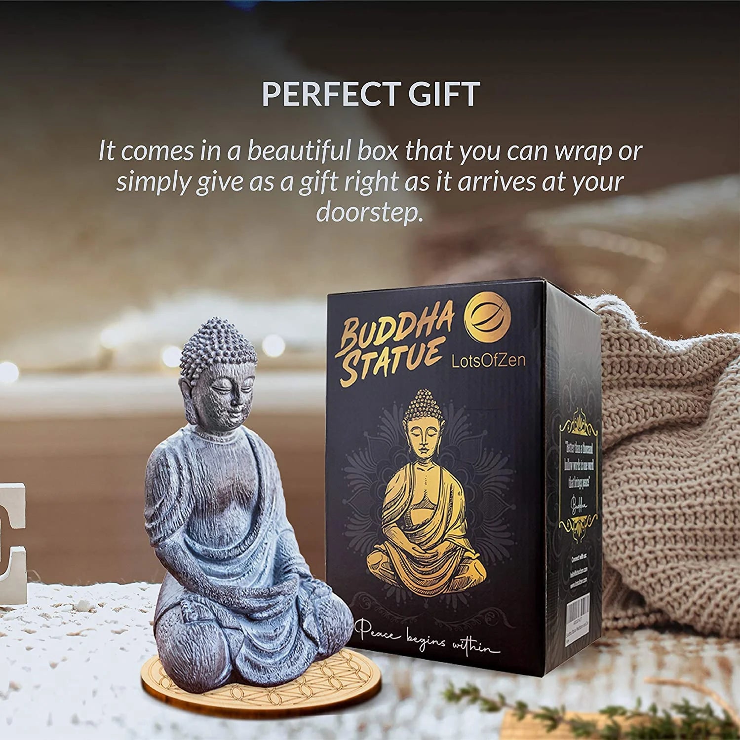 Lord Buddha Statue Mini — Great Spiritual Gift Idea — 6.7 Inch Durable Resin Buddha Decor Statue with Wooden round Base — Mini Buddha Statue for Home Decor