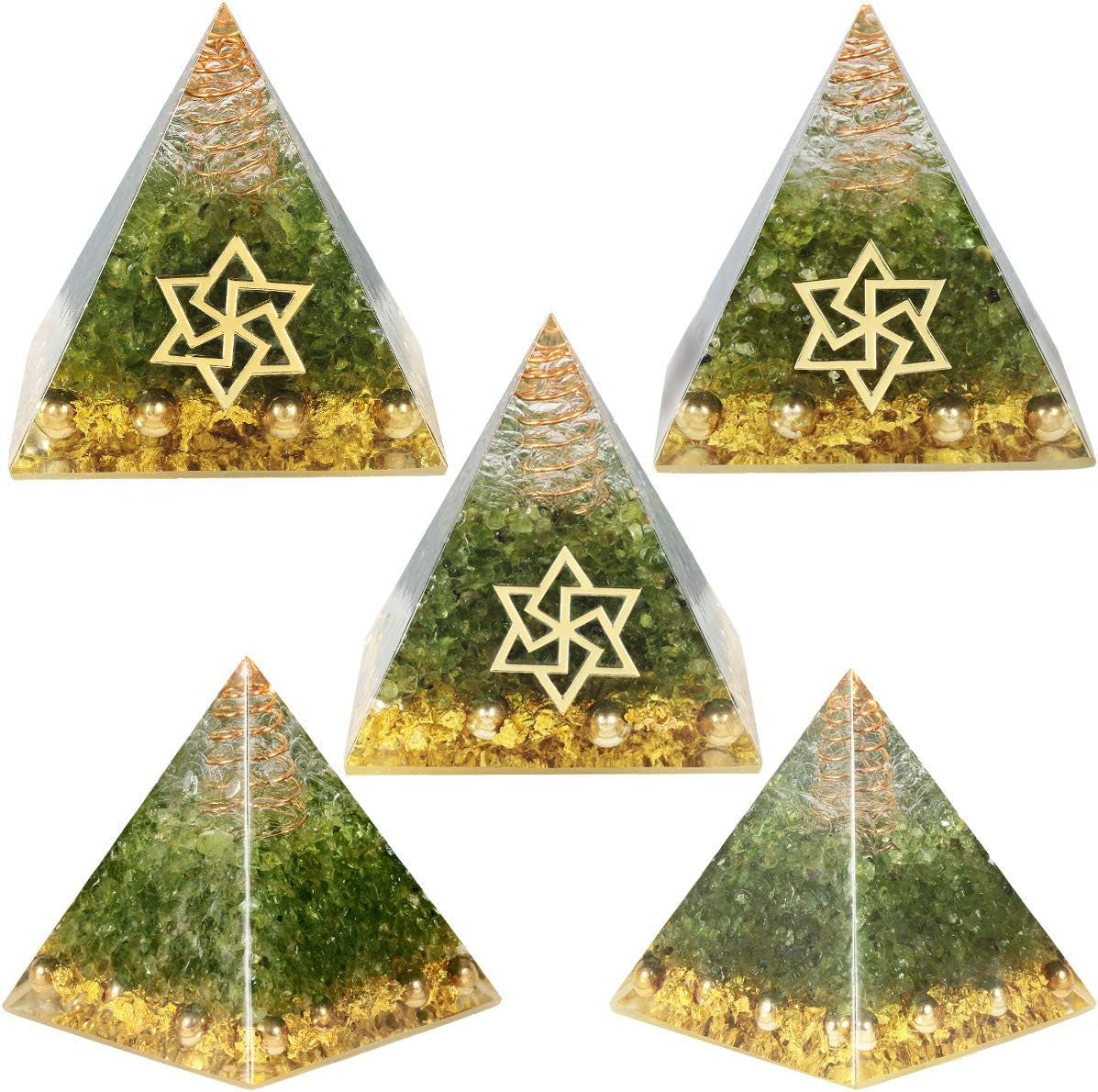 Olivine Healing Crystal Copper Wire Orgone Pyramid Stone Figurine Energy Generator for Meditation Reiki Balancing