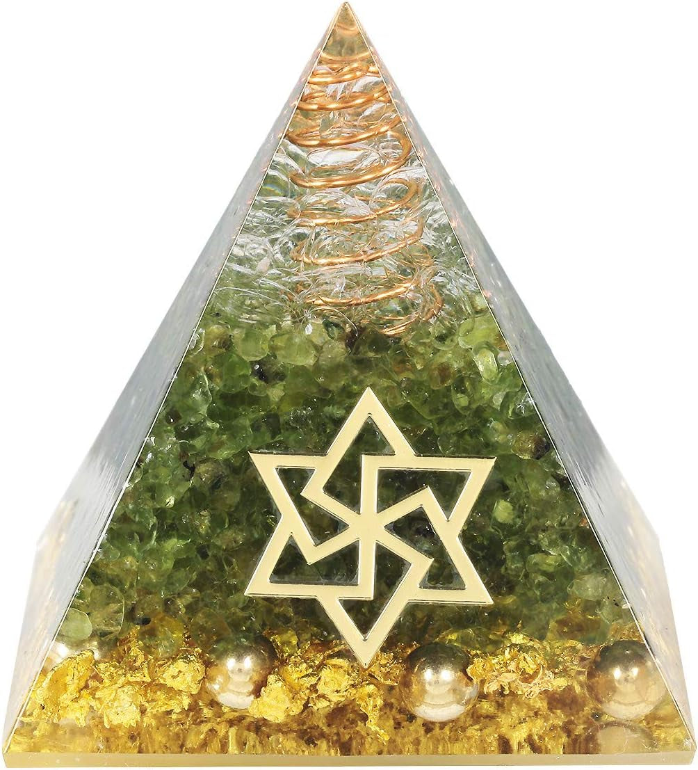 Olivine Healing Crystal Copper Wire Orgone Pyramid Stone Figurine Energy Generator for Meditation Reiki Balancing