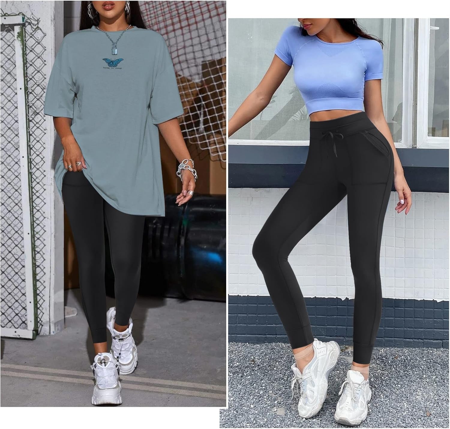 High Waisted Yoga Leggings for Women Double Tummy Control Workout Yoga Pants with Pockets Drawstring Jogger Pants Black