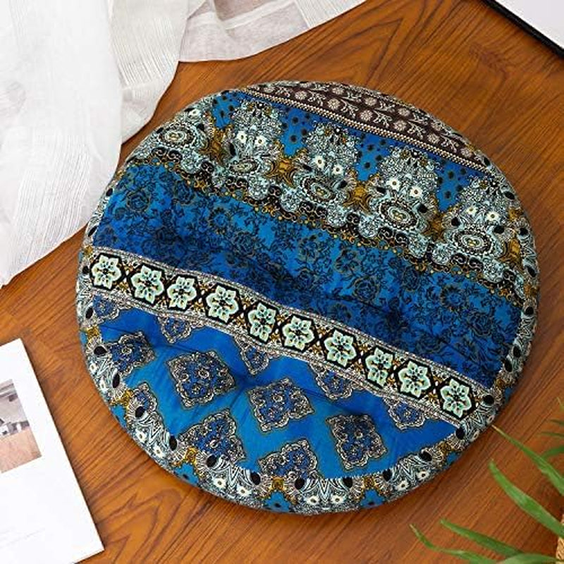 Boho Floor Pillow, Bohemian Patchwork Style Meditation Pillow round Seat Cushion Yoga Cushion India Seating Pad for Living Room Bedroom Balcony Garden, 22 Inch, Blue