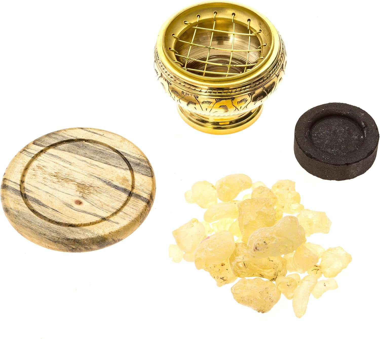 Premium Bundle of Hand Carved Brass Incense Holder with Copal Resin. Comes with 10 Charcoal