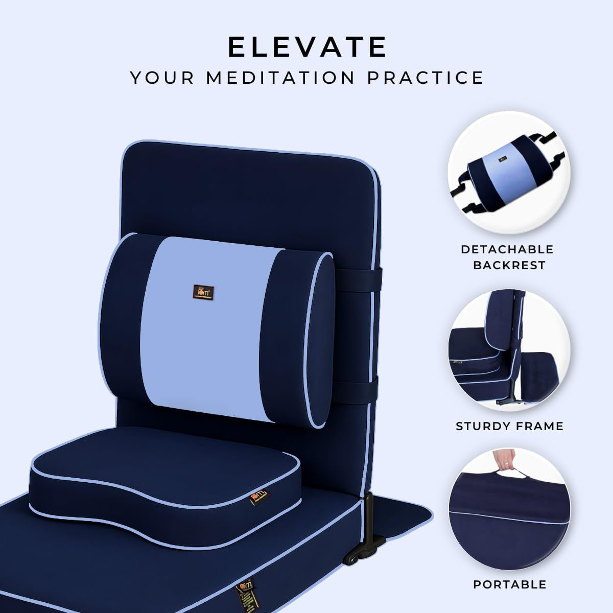Extra Large Meditation Chair and Yoga Chair W Back Support Cushion and Meditation Block | Yoga Chair for Adults | Premium Floor Chair | Portable | Navy Blue, Seat Size: 24X22 In