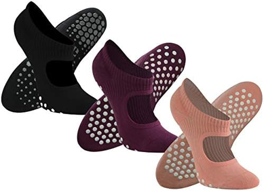Unisex Full-Toe Floor Grip Back Yoga Socks, Cool Non Slip Sticky Hot Yoga Lounge, Pilates, Barre, Ballet, Dance, Home Training for Balance & Stability(3Pairs-Black+Coral Pink+Fuchsia Small)