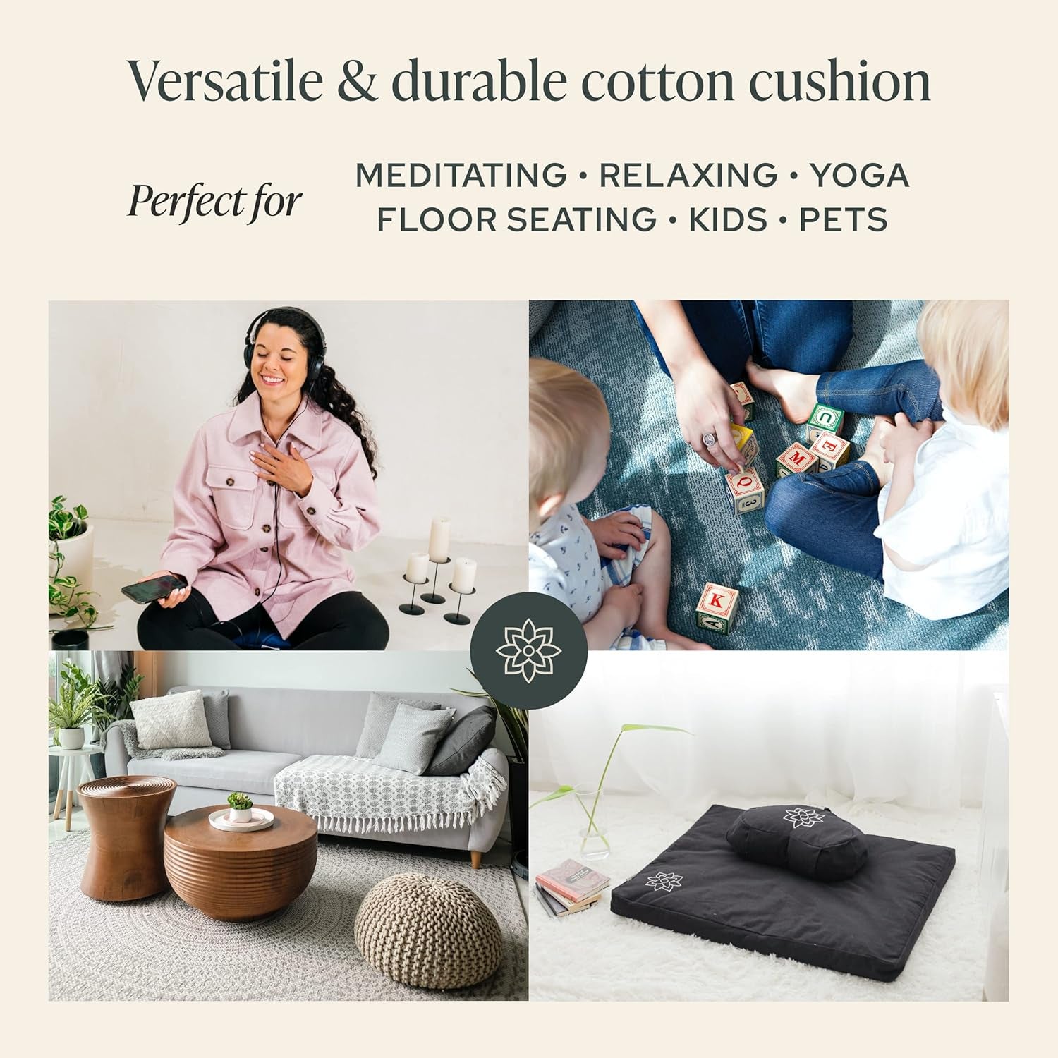 Large Meditation Cushion | Zafu Yoga Bolster Meditation Floor Pillow Seat | Buckwheat Hull Filled Crescent Shaped Cushion with Removable Washable Cover + Carry Handle (Minimal Black)