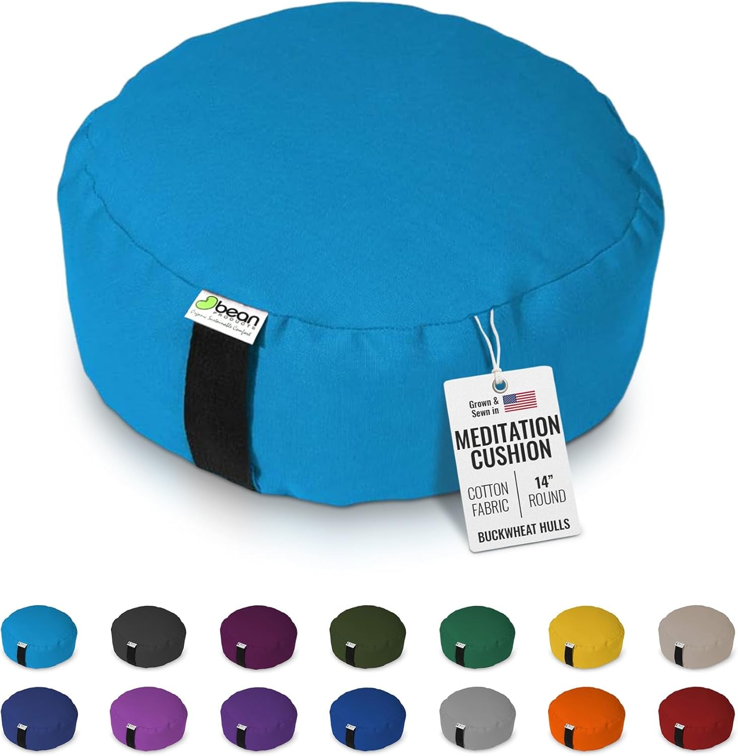 Zafu Meditation Pillows for Sitting on Floor, Yoga Cushion, Cotton/Buckwheat Fill Yoga Pillow, Zafu Meditation Cushion, Zen Kneeling Prayer Pad- Made in USA - 14" round - Aqua