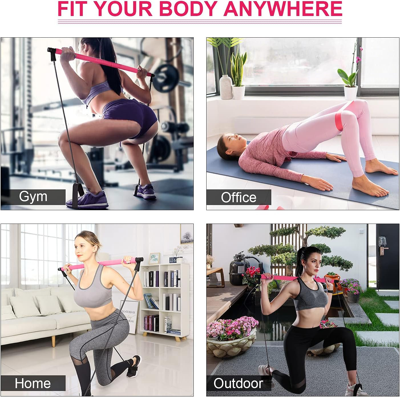 Pilates Bar Kit with Resistance Band - Portable Yoga Pilates Stick Exercise Stick with Foot Loop Fitness Stretching Equipment Home Gym Bodybuilding for Fully Body Workout (Pink)
