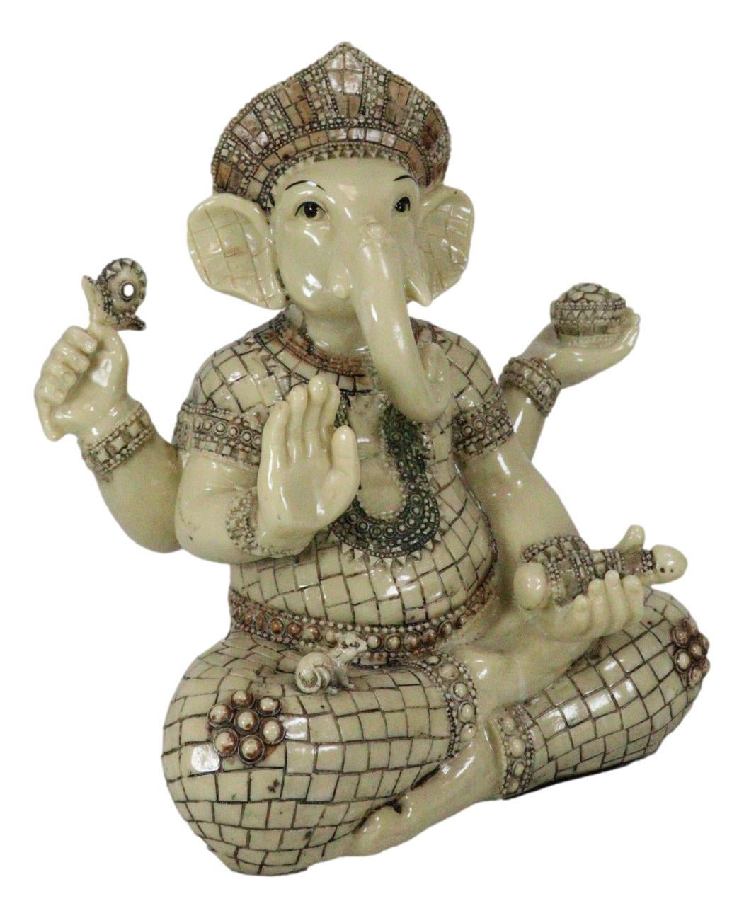 Ebros 11" Tall Hindu Ganesha in Meditation Holding Bowl Conch and Lotus Statue