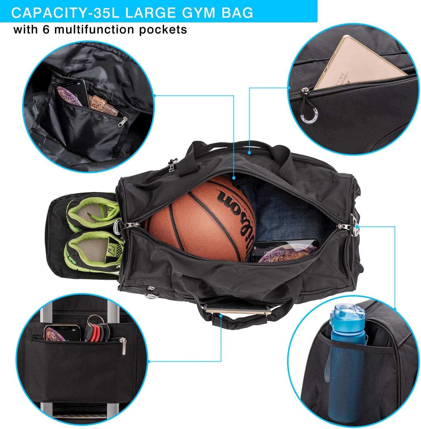 Sports Gym Bag with Shoes Compartment &Wet Pocket Gym Duffel Bag Overnight Bag for Men and Women