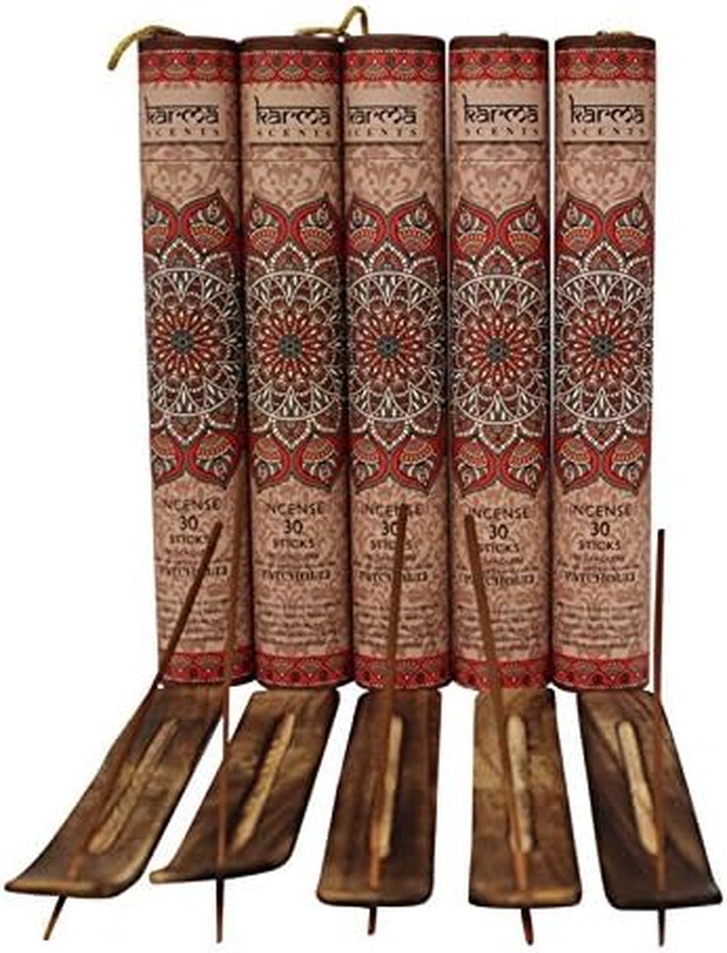 Premium Patchouli Incense Sticks, 5 Set Gift Pack with a Free Holder in Each Box. Includes 150 Sticks and Five Incense Burners | Perfect for Home Decor and Gifts.