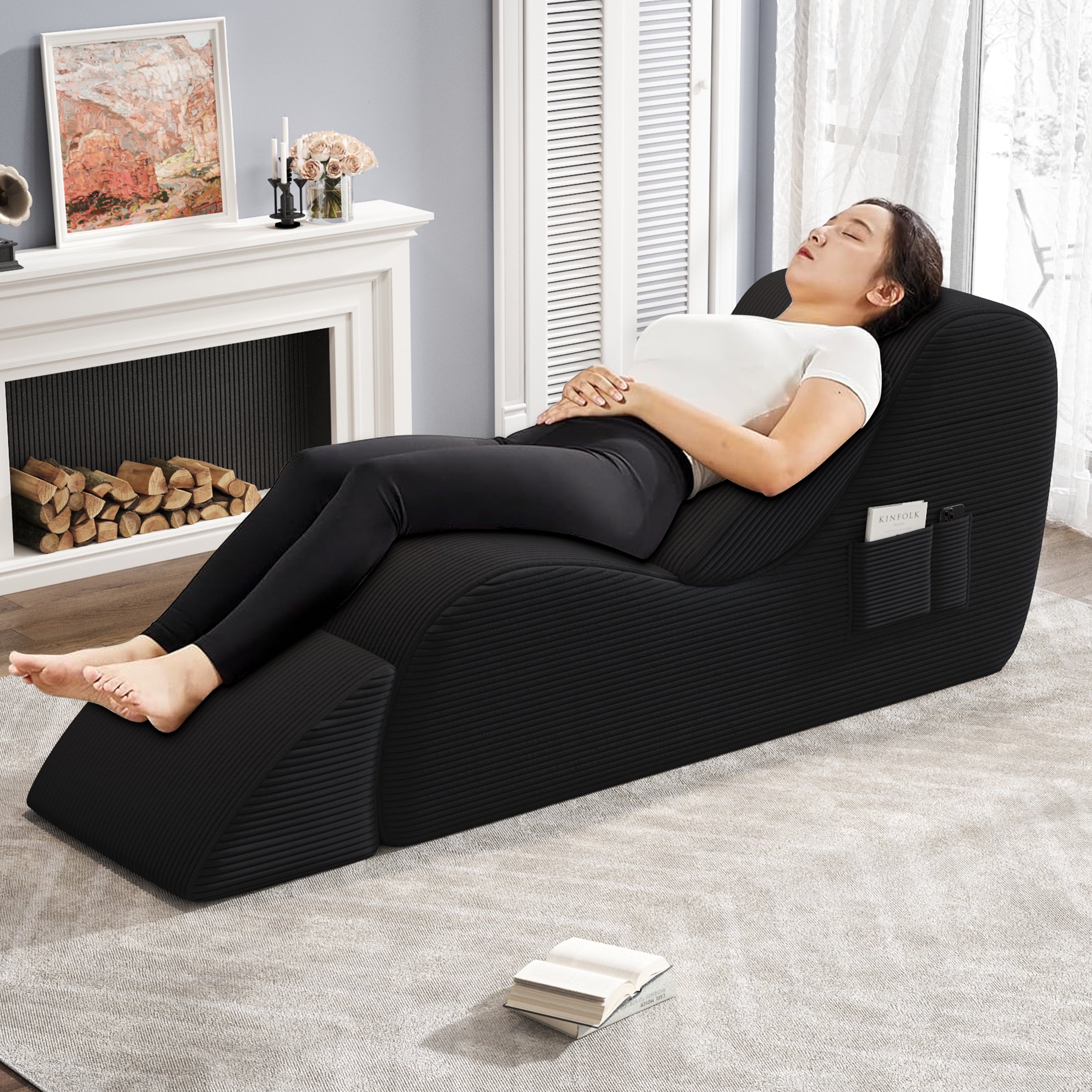 Curve Yoga Chair, Ergonomic Corduroy Yoga Sofa for Adults, with Lumbar Pillow, Side Pocket, Ottoman for Furniture Gift Lounge Stretching, Relaxing and Exercising, Black