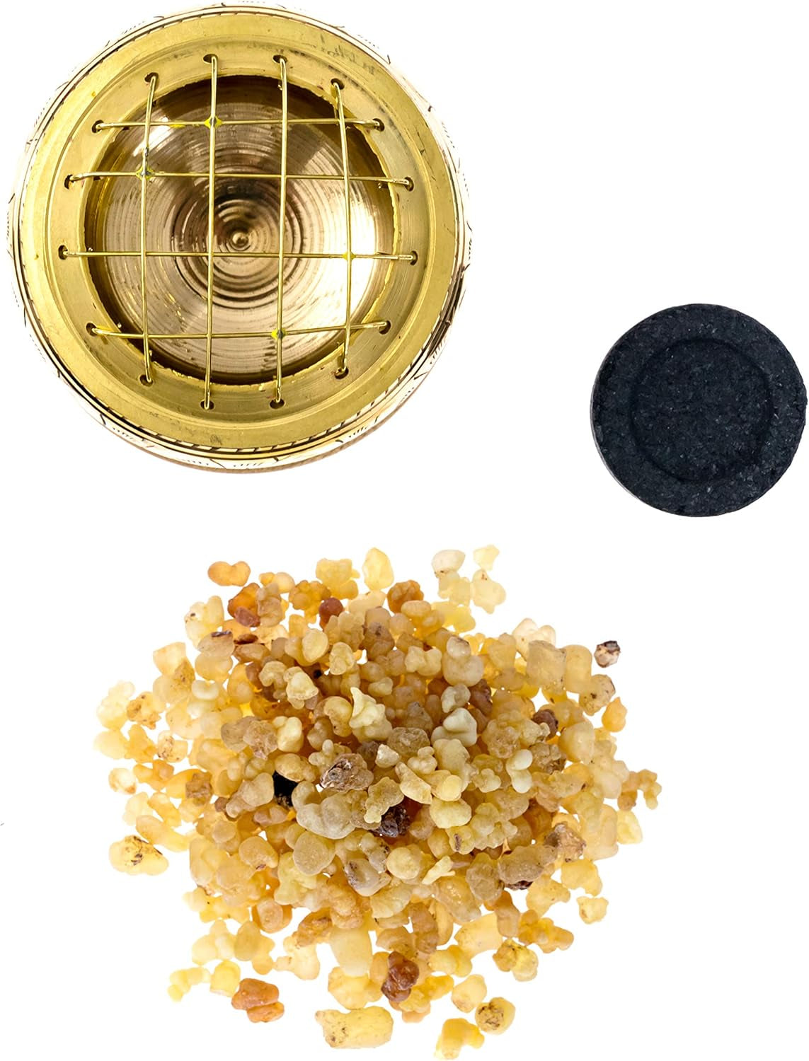 Premium Bundle of Hand Carved Brass Incense Holder with Frankincense Resin. Comes with 10 Charcoal