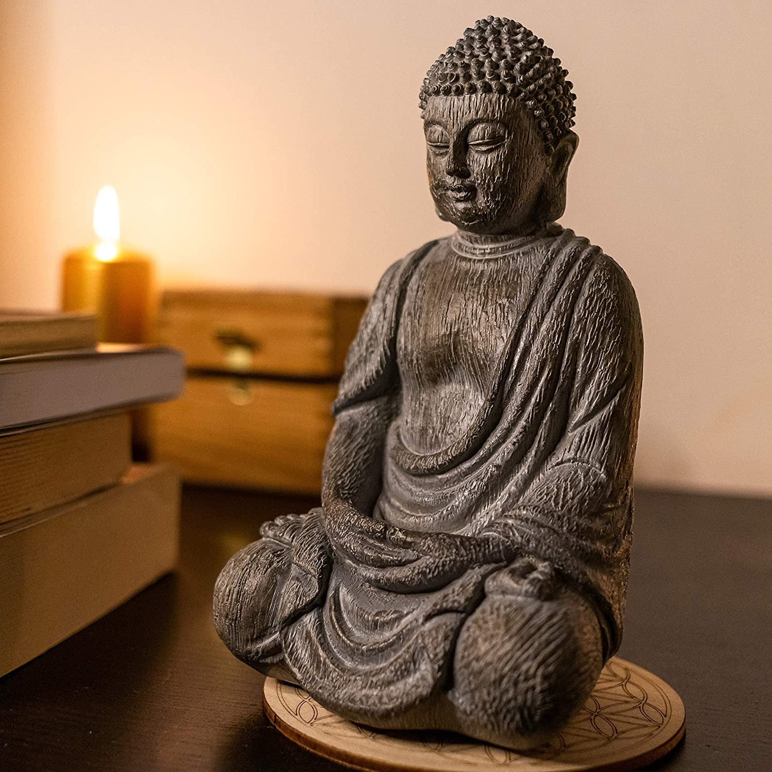 Lord Buddha Statue Mini — Great Spiritual Gift Idea — 6.7 Inch Durable Resin Buddha Decor Statue with Wooden round Base — Mini Buddha Statue for Home Decor