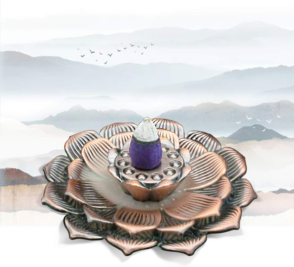 3-In-1 Lotus Stick Incense Burner Disc and Cone Incense Holder Ash Catcher Cinnamon Organic Citronella (Red Copper)