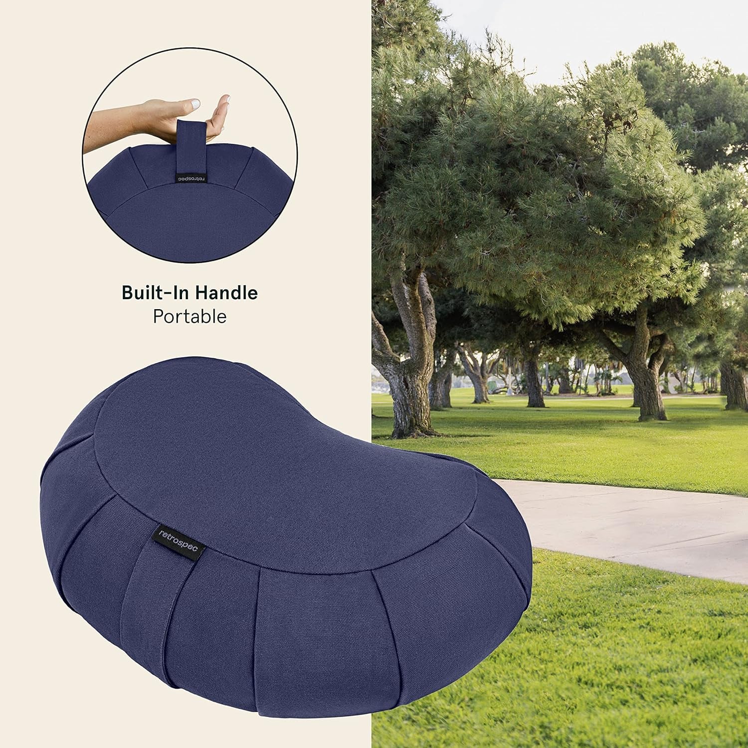 Sedona Zafu Meditation Cushion with Buckwheat Hull Fill - Adjustable Yoga & Pilates Support Pillow - 17In Crescent Cotton Cover with Handle