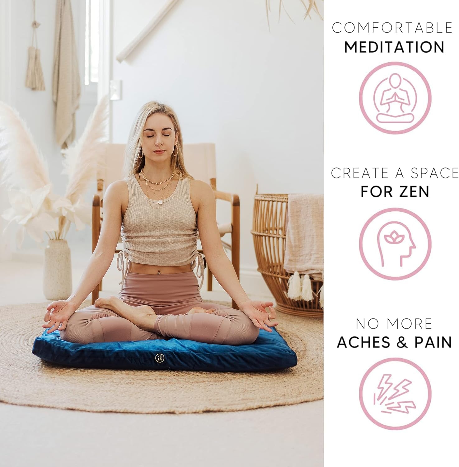 Velvet Zabuton Meditation Mat - Luxurious Meditation Cushion Floor Pillow - Zabuton Meditation Cushion Large - 100% Cotton Filling (Sapphire)