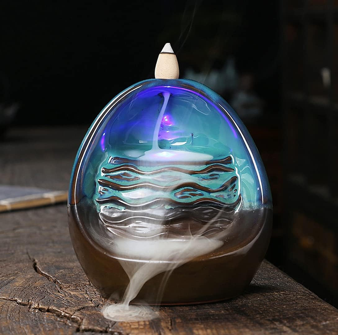 Ceramic LED Backflow Incense Holder Creative Waterfall Incense Burner Aromatherapy Censer Ornament Reflux Incense Burner Crafts Home Decoration