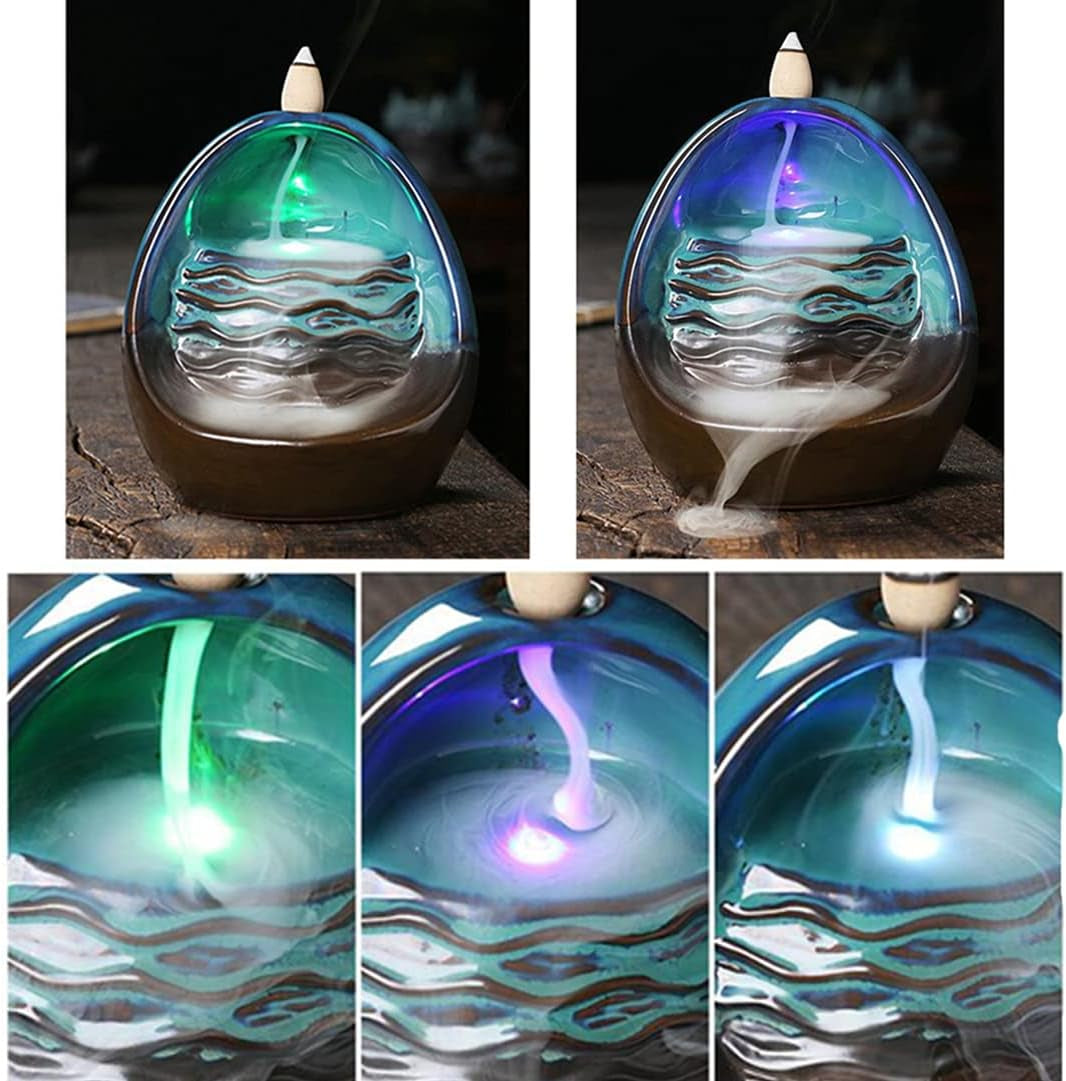 Ceramic LED Backflow Incense Holder Creative Waterfall Incense Burner Aromatherapy Censer Ornament Reflux Incense Burner Crafts Home Decoration